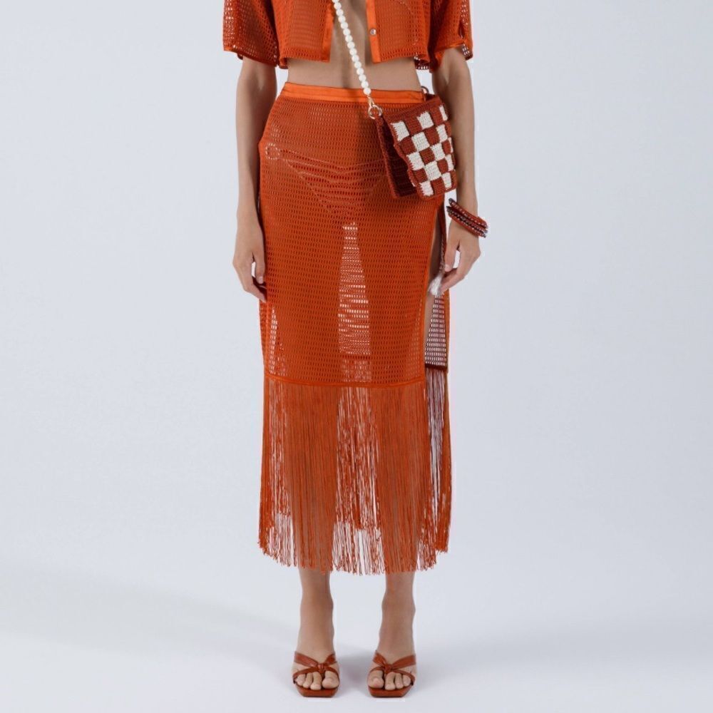 My Beachy Side Camelia Maxi Skirt mesh fringe rust midi resort NWT M swim